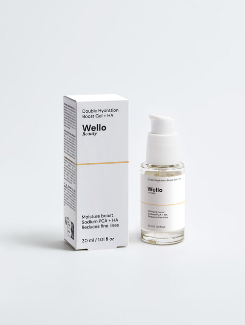 Double Hydration Boost Gel + HA – gel hydratant acide hyaluronique Wello Beauty, flacon 30 ml